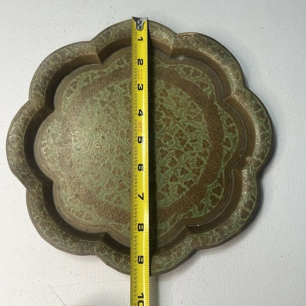 Vintage Metal Indian Botanical Patterned Brass Tray Plate‎ Scallop Flower Mumtaz